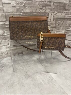 Michael Kors Brown MK Monogram Crossbody and Card Case Set
